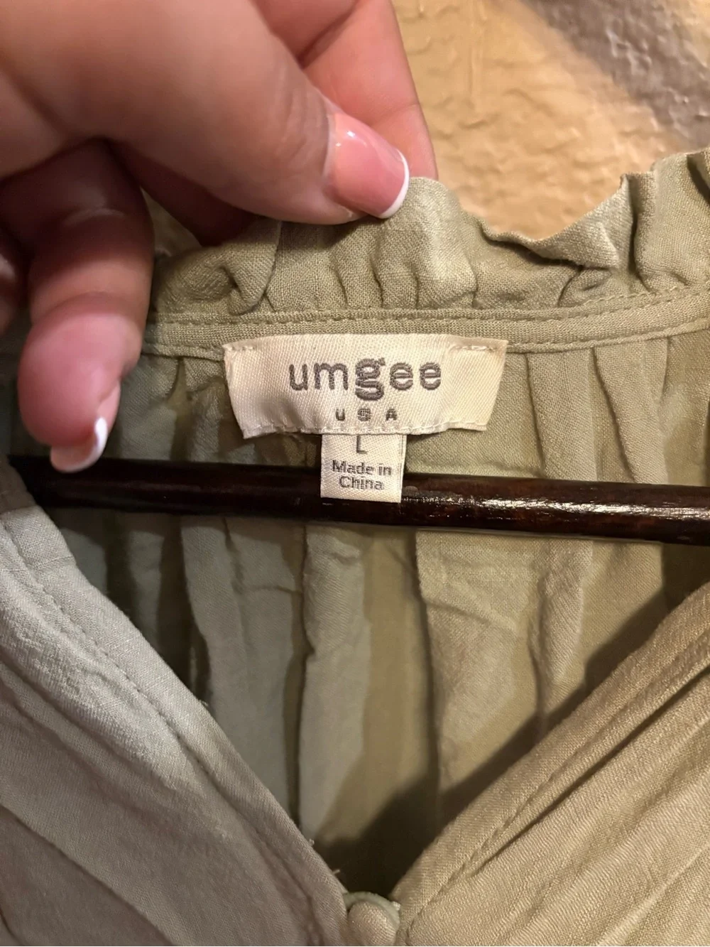 Umgee Sage Green Embroidered Sleeve Button-Front Blouse